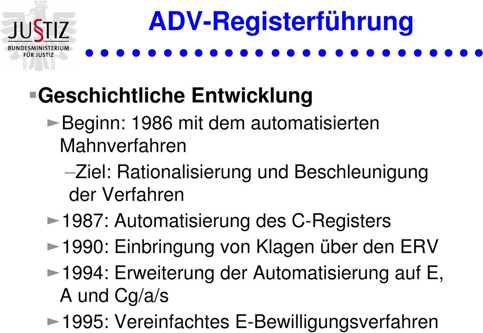 Automatisierung des C-Registers ƒ1990: Einbringung von Klagen über den ERV ƒ1994: