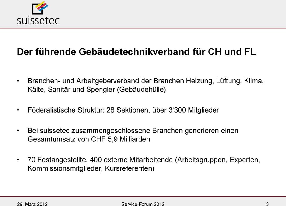 suissetec zusammengeschlossene Branchen generieren einen Gesamtumsatz von CHF 5,9 Milliarden 70 Festangestellte, 400