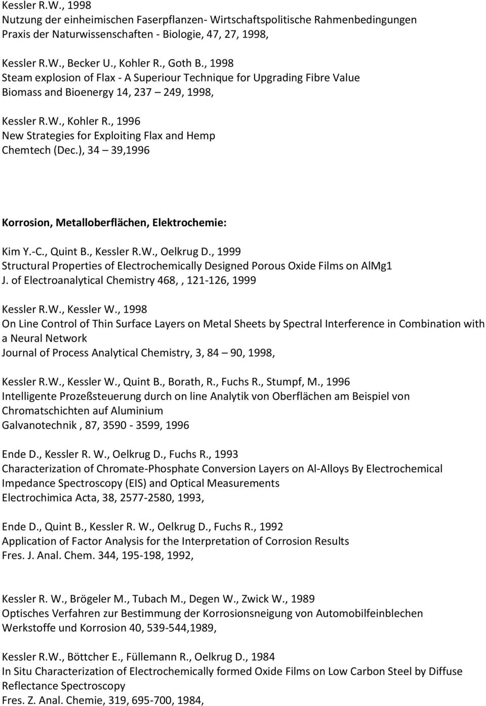 , 1996 New Strategies for Exploiting Flax and Hemp Chemtech (Dec.), 34 39,1996 Korrosion, Metalloberflächen, Elektrochemie: Kim Y.-C., Quint B., Kessler R.W., Oelkrug D.