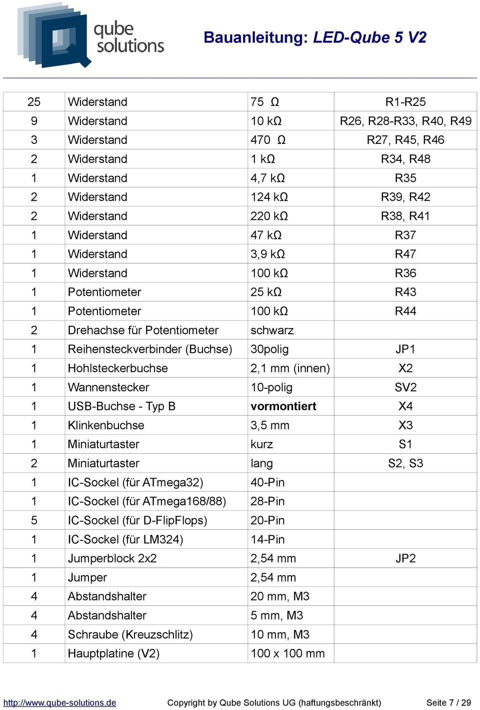 Hohlsteckerbuchse 2, mm (innen) X2 Wannenstecker 0-polig USB-Buchse - Typ B vormontiert X4 Klinkenbuchse 3,5 mm X3 Miniaturtaster kurz S 2 Miniaturtaster lang S2, S3 IC-Sockel (für ATmega32) 40-Pin