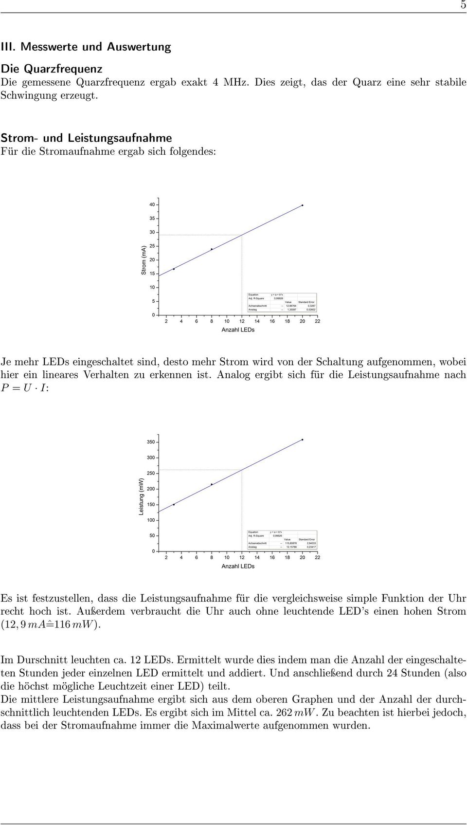 erkennen ist. Analog ergibt sich für die Leistungsaufnahme nach P = U I: Es ist festzustellen, dass die Leistungsaufnahme für die vergleichsweise simple Funktion der Uhr recht hoch ist.