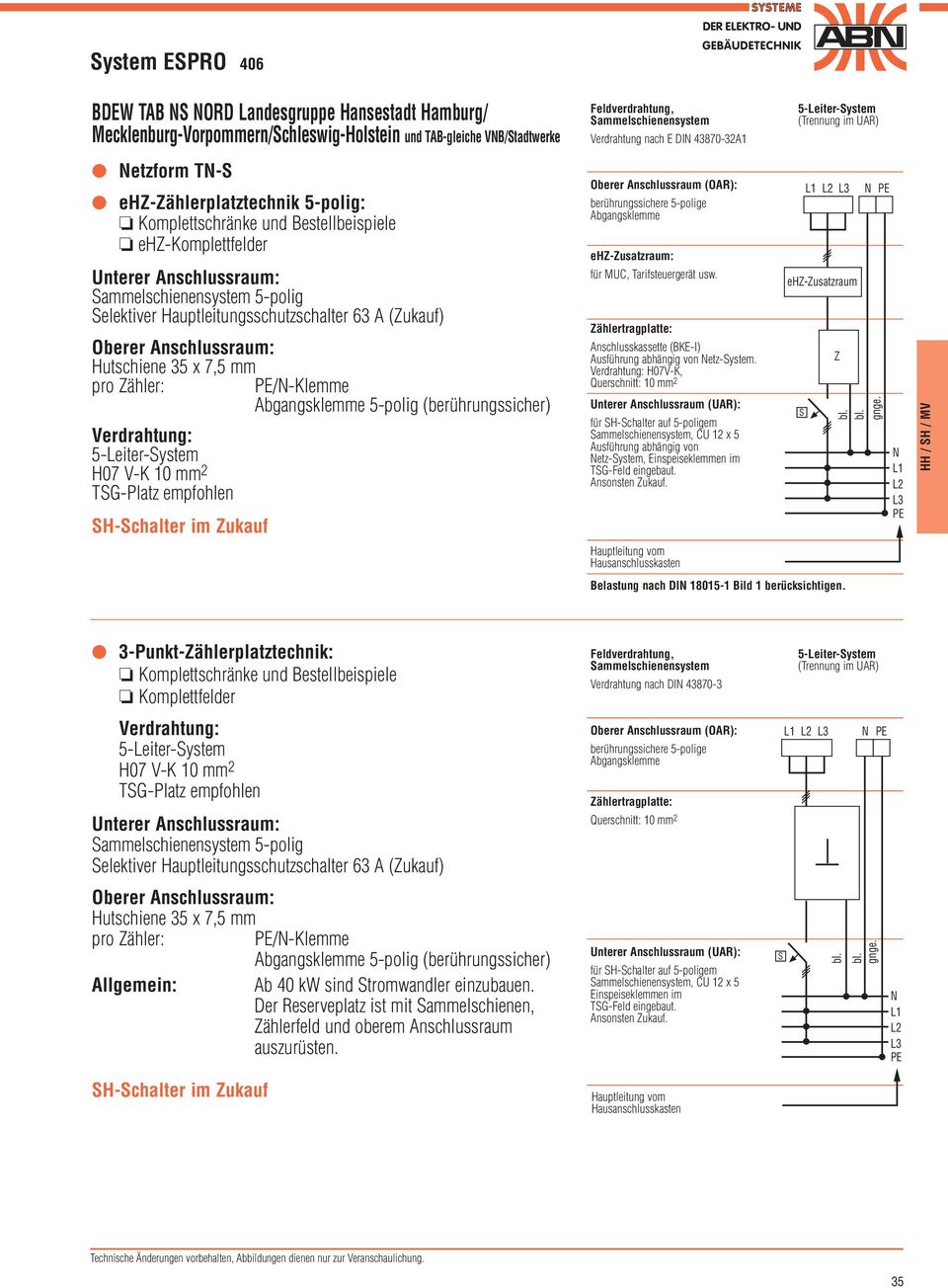 Verdrahtung: 5-Leiter-System H07 V-K 10 mm 2 TSG-Platz empfohlen SH-Schalter im ukauf /-Klemme bgangsklemme 5-polig (berührungssicher) Feldverdrahtung, Sammelschienensystem Verdrahtung nach E DI