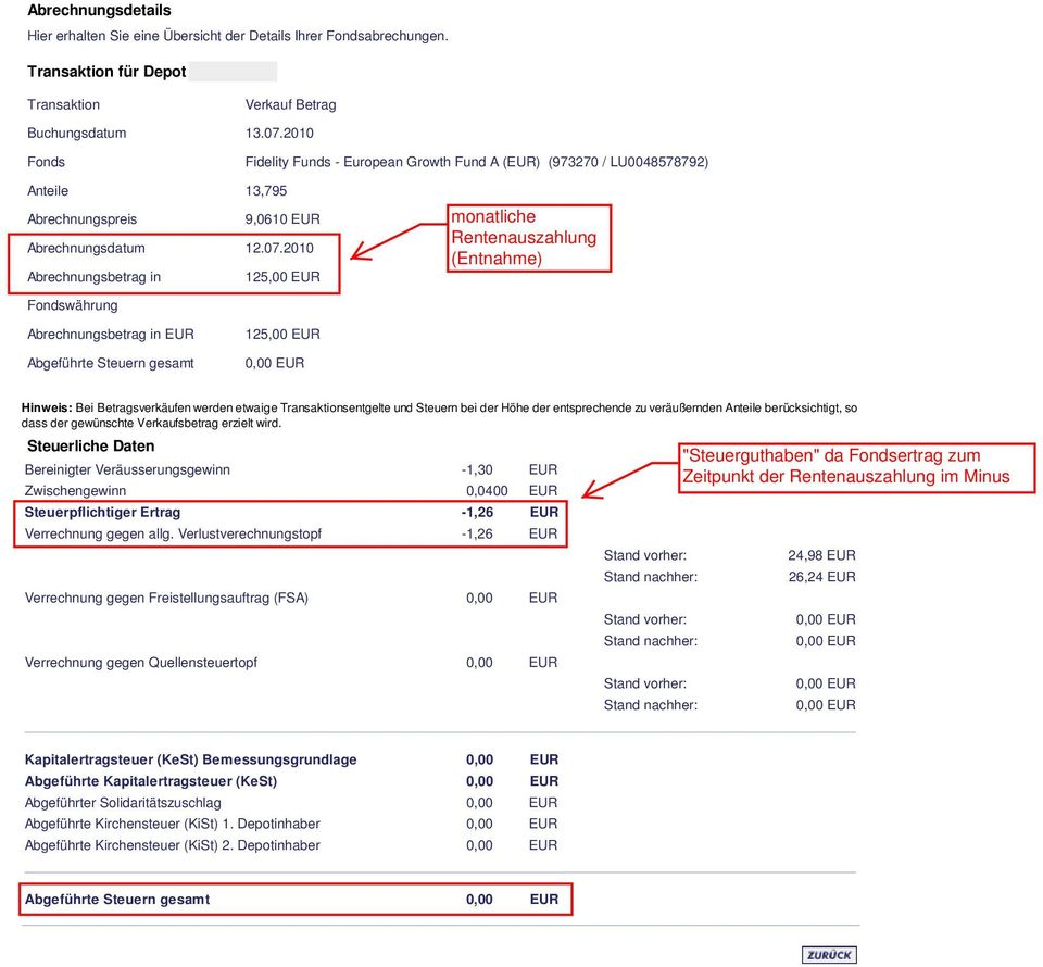 2010 Bereinigter Veräusserungsgewinn -1,30 EUR Zwischengewinn 0,0400 EUR Steuerpflichtiger Ertrag -1,26 EUR Verrechnung gegen allg.