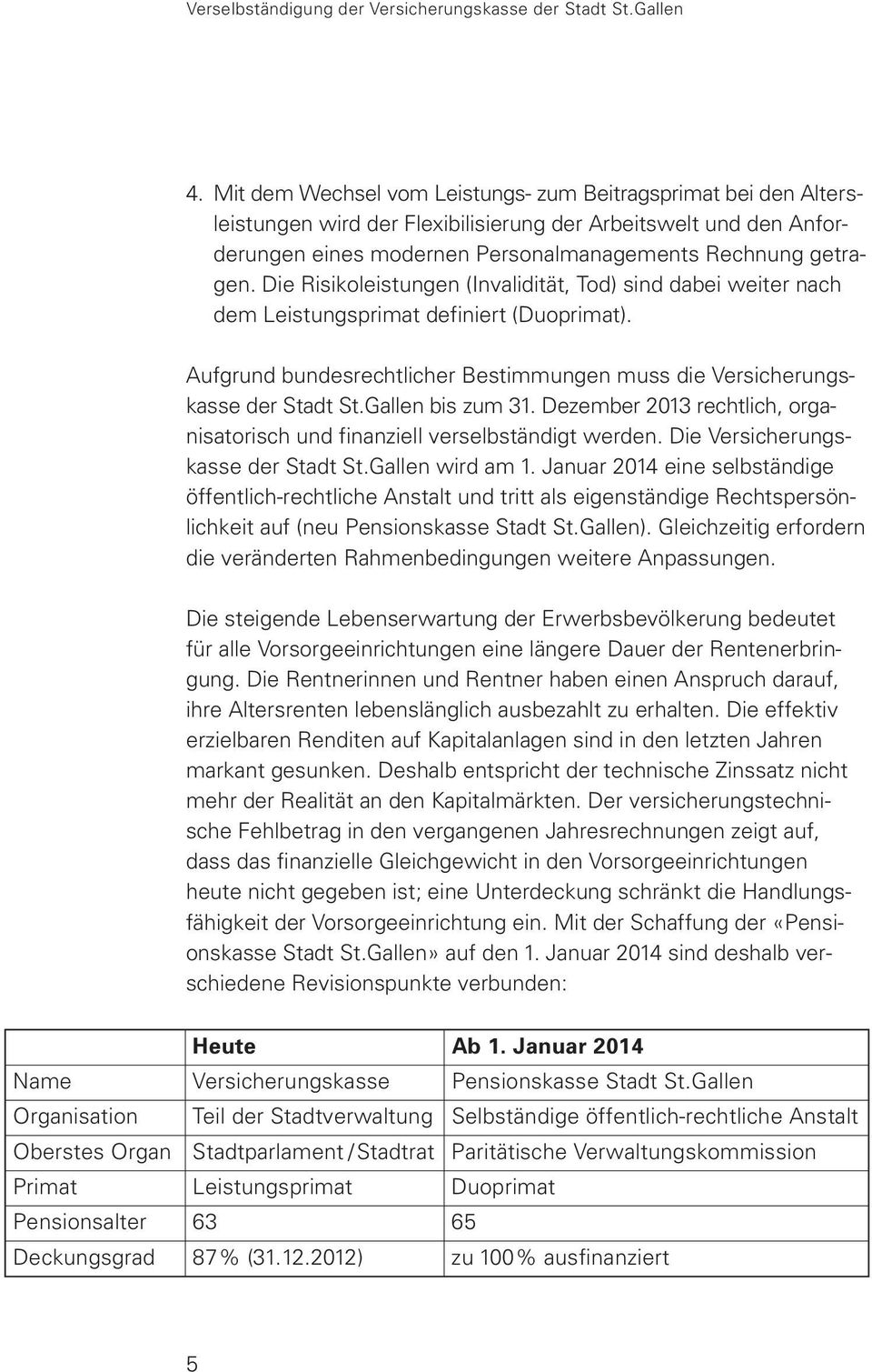 Gallen bis zum 31. Dezember 2013 rechtlich, organisatorisch und finanziell verselbständigt werden. Die Versicherungskasse der Stadt St.Gallen wird am 1.