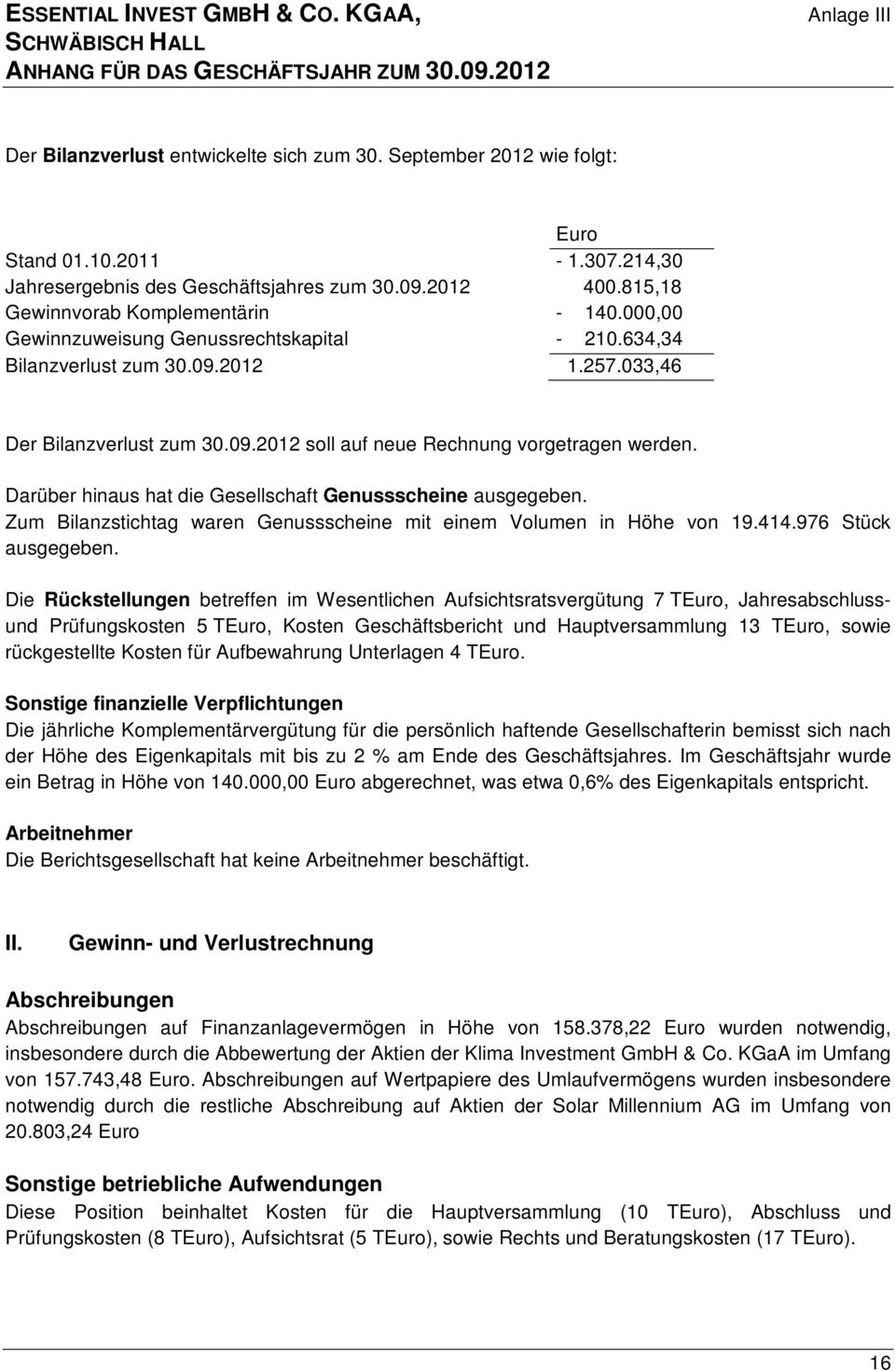 033,46 Der Bilanzverlust zum 30.09.2012 soll auf neue Rechnung vorgetragen werden. Darüber hinaus hat die Gesellschaft Genussscheine ausgegeben.