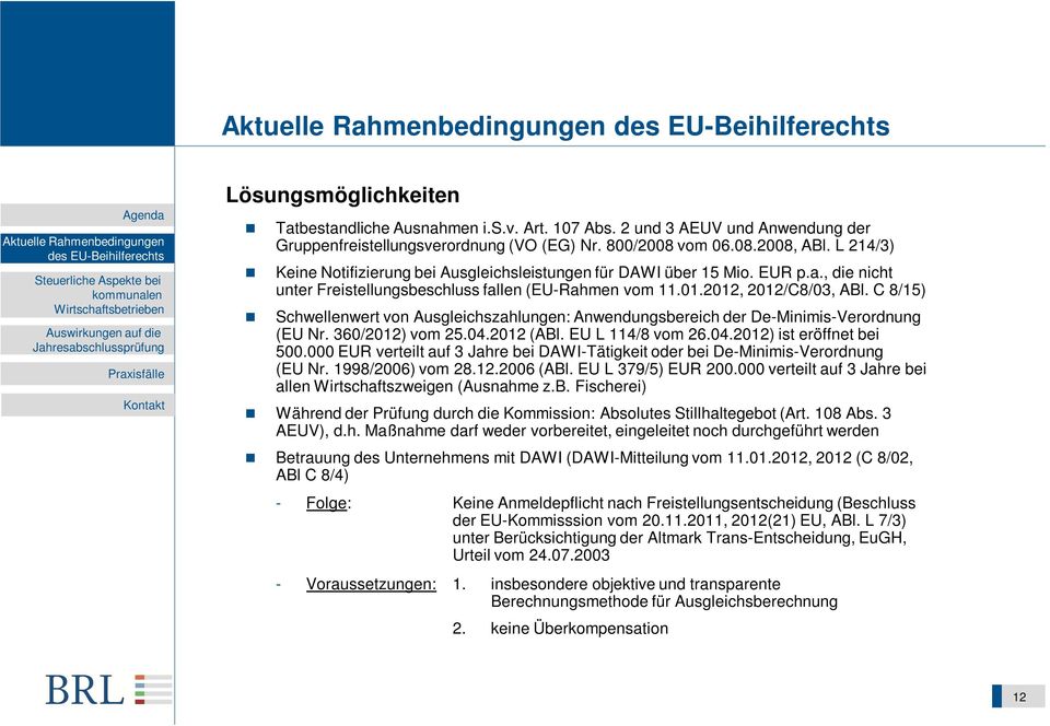 C 8/15) Schwellenwert von Ausgleichszahlungen: Anwendungsbereich der De-Minimis-Verordnung (EU Nr. 360/2012) vom 25.04.2012 (ABl. EU L 114/8 vom 26.04.2012) ist eröffnet bei 500.
