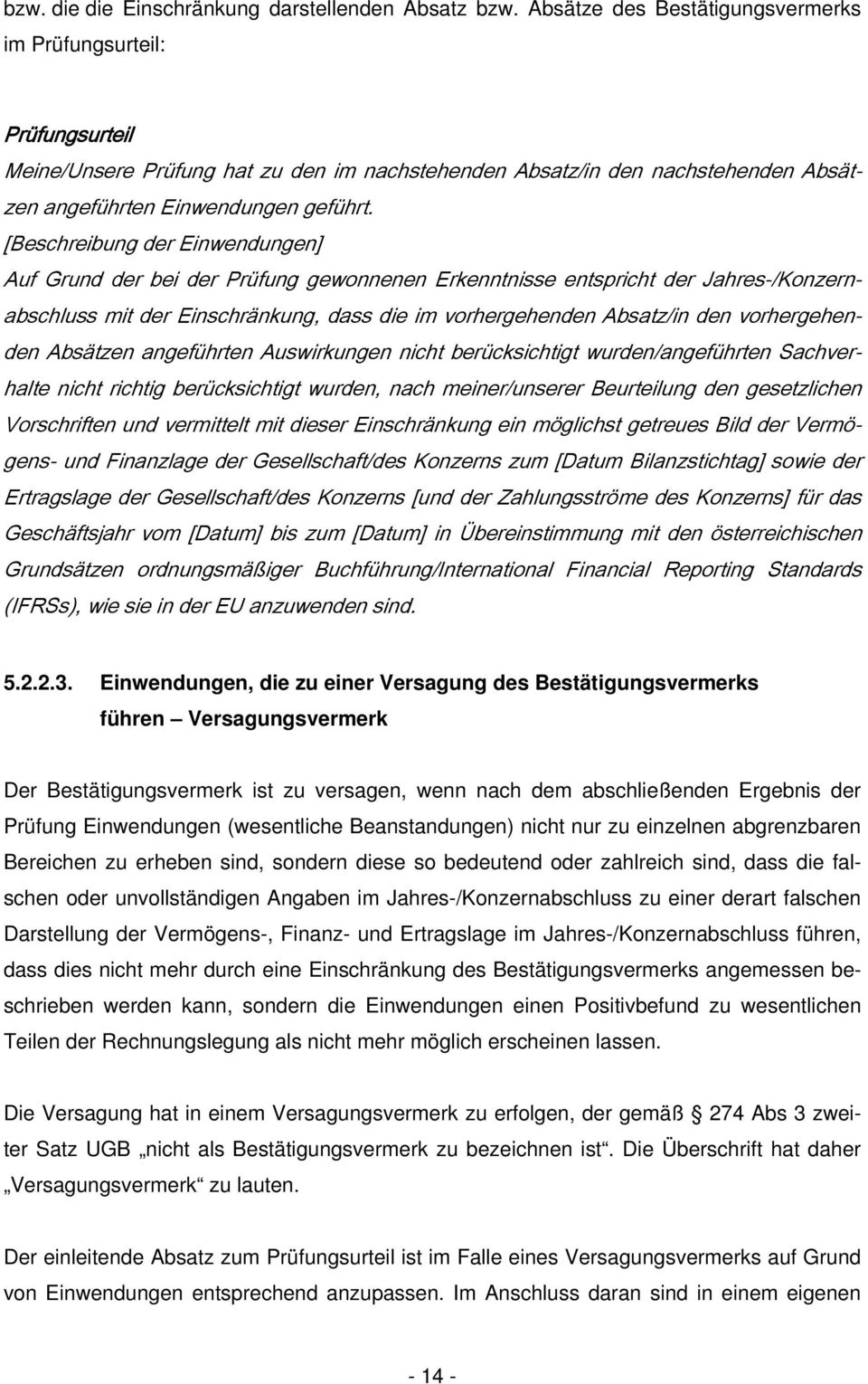 [Beschreibung der Einwendungen] Auf Grund der bei der Prüfung gewonnenen Erkenntnisse entspricht der Jahres-/Konzernabschluss mit der Einschränkung, dass die im vorhergehenden Absatz/in den