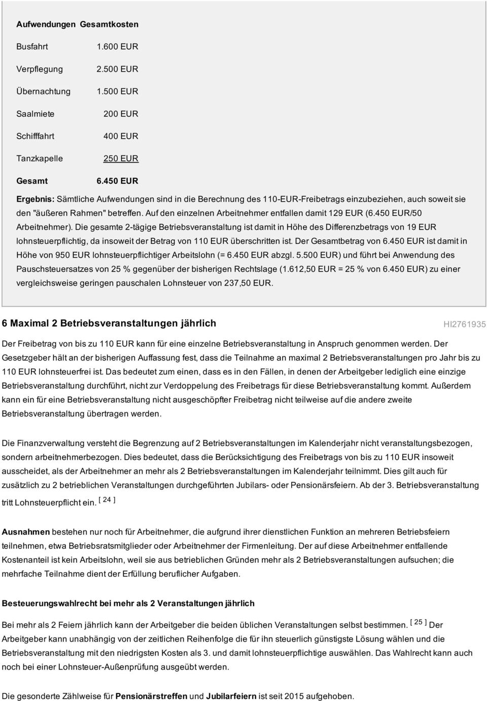 Auf den einzelnen Arbeitnehmer entfallen damit 129 EUR (6.450 EUR/50 Arbeitnehmer).