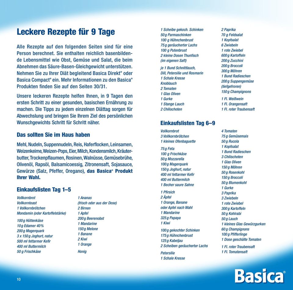 Nehmen Sie zu Ihrer Diät begleitend Basica Direkt oder Basica Compact ein. Mehr Informationen zu den Basica Produkten finden Sie auf den Seiten 30/31.