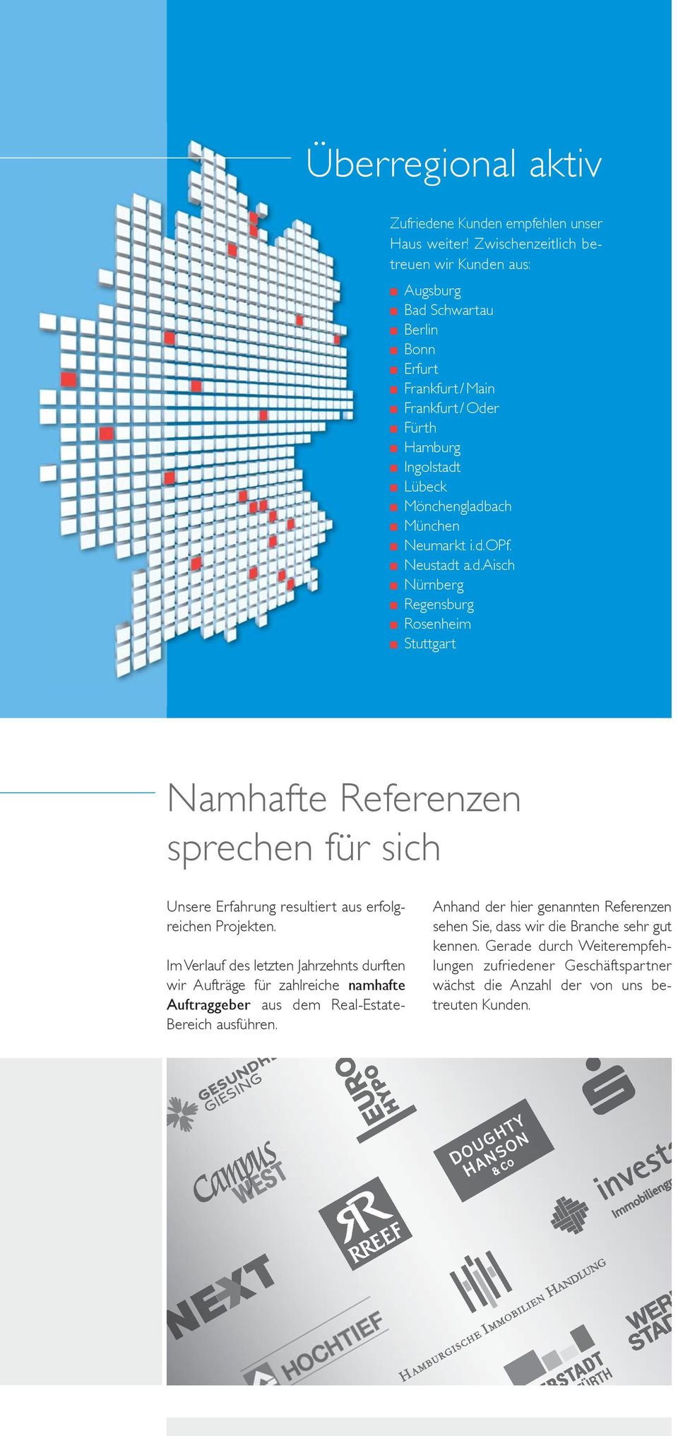 d.opf. Neustadt a.d.aisch Nürnberg Regensburg Rosenheim Stuttgart Namhafte Referenzen sprechen für sich Unsere Erfahrung resultiert aus erfolgreichen Projekten.