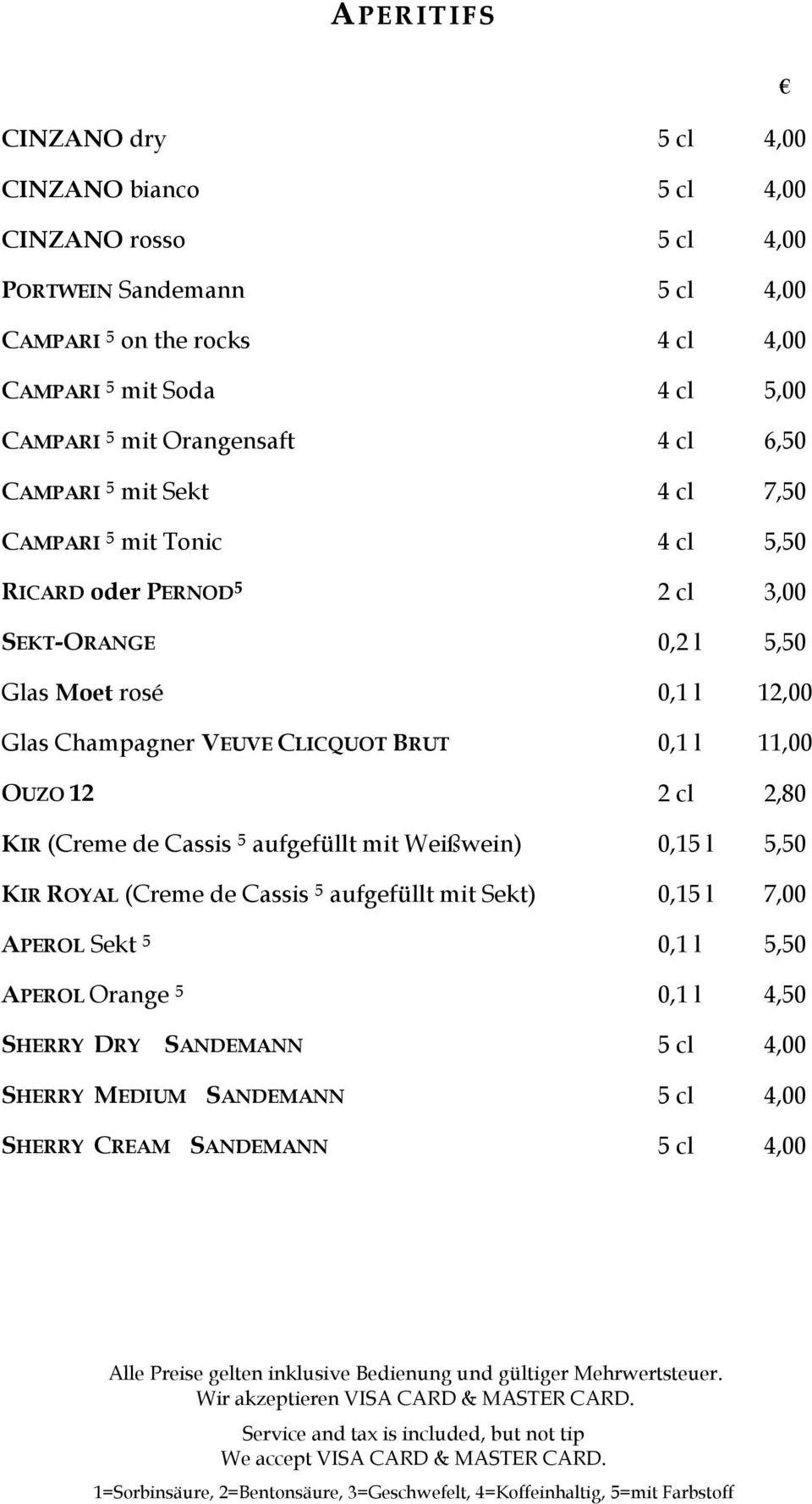 12,00 Glas Champagner VEUVE CLICQUOT BRUT 0,1 l 11,00 OUZO 12 2 cl 2,80 KIR (Creme de Cassis 5 aufgefüllt mit Weißwein) 0,15 l 5,50 KIR ROYAL (Creme de Cassis 5 aufgefüllt