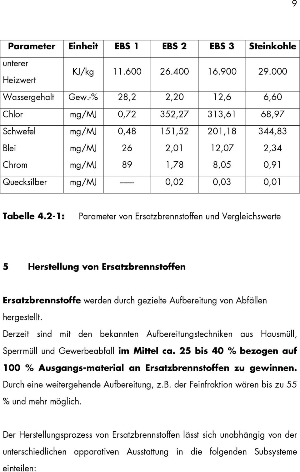 0,01 Tabelle 4.2-1: Parameter von Ersatzbrennstoffen und Vergleichswerte 5 Herstellung von Ersatzbrennstoffen Ersatzbrennstoffe werden durch gezielte Aufbereitung von Abfällen hergestellt.