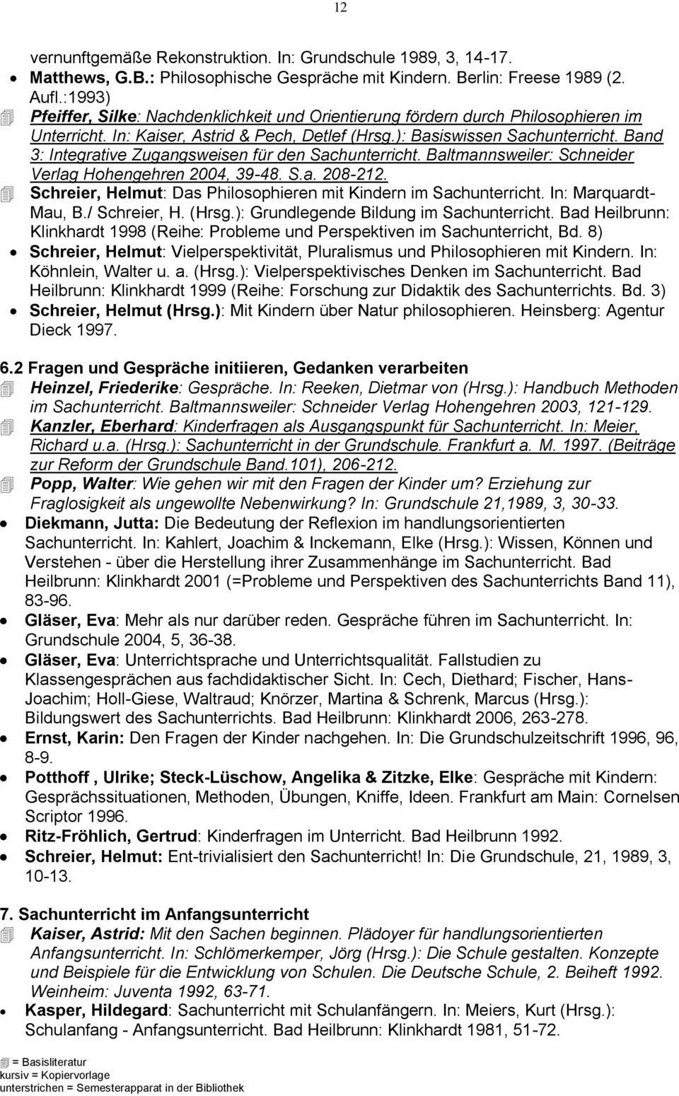 Band 3: Integrative Zugangsweisen für den Sachunterricht. Baltmannsweiler: Schneider Verlag Hohengehren 2004, 39-48. S.a. 208-212. Schreier, Helmut: Das Philosophieren mit Kindern im Sachunterricht.