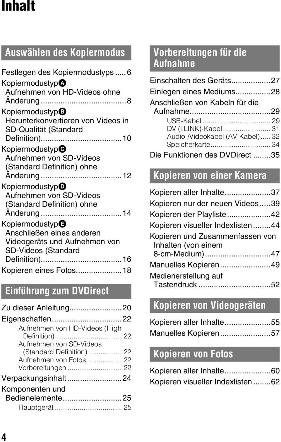 ..12 KopiermodustypD Aufnehmen von SD-Videos (Standard Definition) ohne Änderung...14 KopiermodustypE Anschließen eines anderen Videogeräts und Aufnehmen von SD-Videos (Standard Definition).