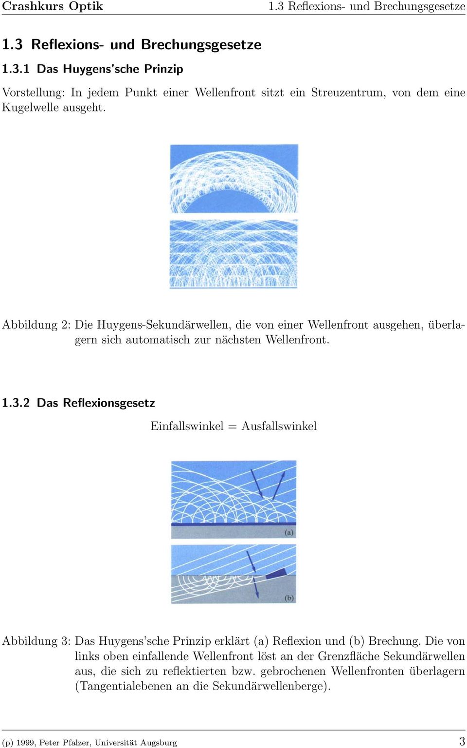 2 Das Reflexionsgesetz Einfallswinkel = Ausfallswinkel Abbildung 3: Das Huygens sche Prinzip erklärt (a) Reflexion und (b) Brechung.