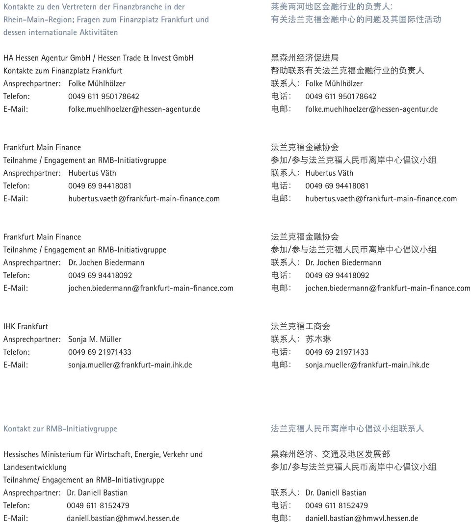 muehlhoelzer@hessen-agentur.de 黑 森 州 经 济 促 进 局 帮 助 联 系 有 关 法 兰 克 福 金 融 行 业 的 负 责 人 联 系 人 : Folke Mühlhölzer 电 话 : 0049 611 950178642 电 邮 : folke.muehlhoelzer@hessen-agentur.de Frankfurt Main Finance Teilnahme / Engagement an RMB-Initiativgruppe Ansprechpartner: Hubertus Väth Telefon: 0049 69 94418081 E-Mail: hubertus.