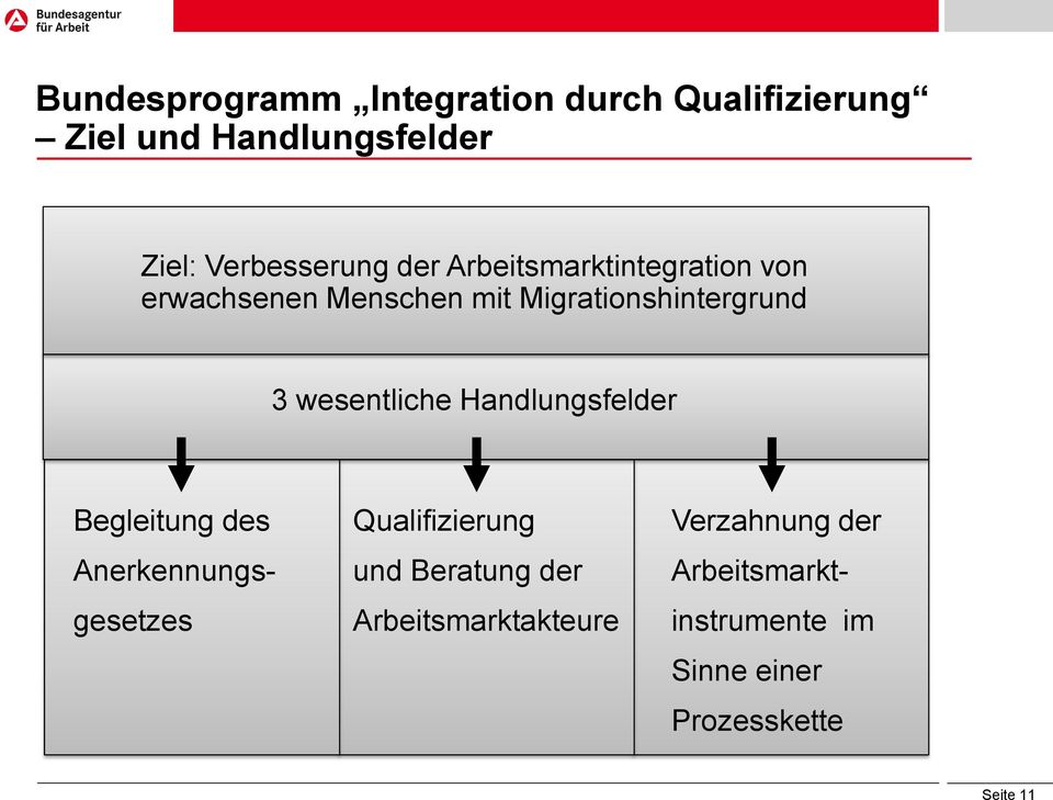 wesentliche Handlungsfelder Begleitung des Anerkennungs- gesetzes Qualifizierung und