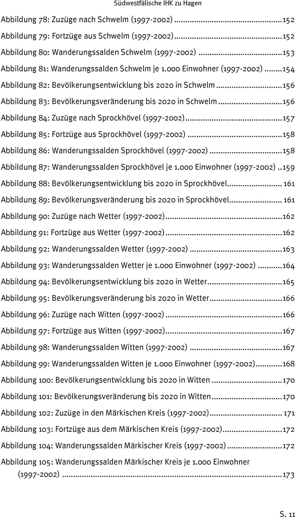 ..156 Abbildung 83: Bevölkerungsveränderung bis 2020 in Schwelm...156 Abbildung 84: Zuzüge nach Sprockhövel (1997-2002)...157 Abbildung 85: Fortzüge aus Sprockhövel (1997-2002).