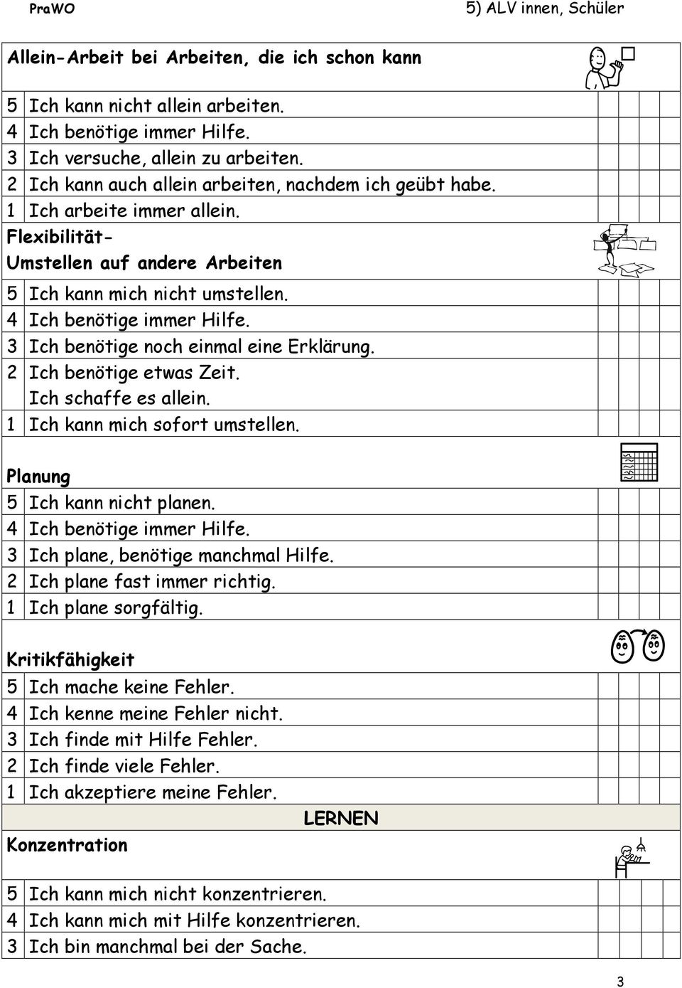 1 Ich kann mich sofort umstellen. Planung 5 Ich kann nicht planen. 3 Ich plane, benötige manchmal Hilfe. 2 Ich plane fast immer richtig. 1 Ich plane sorgfältig.