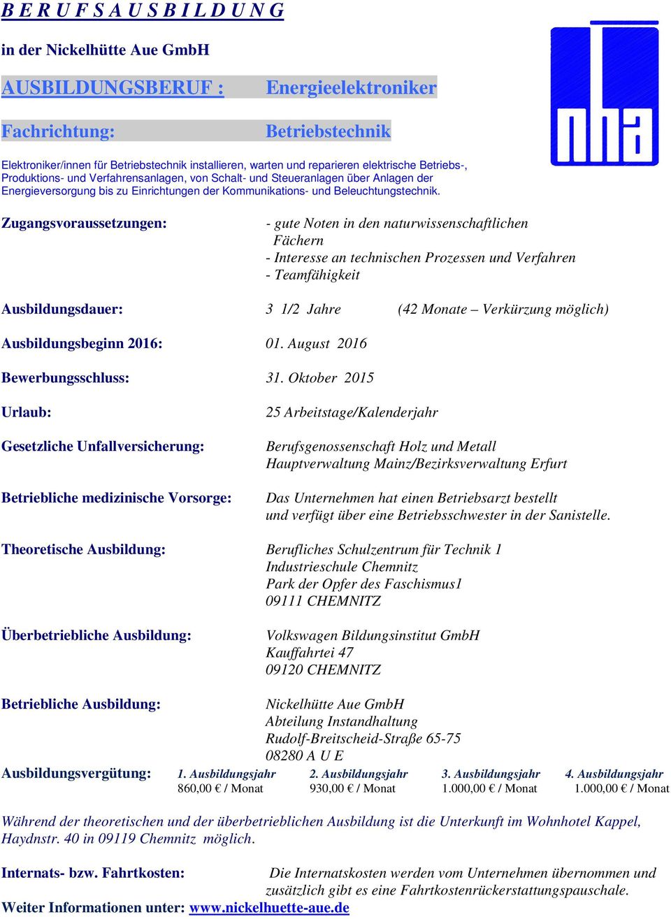 Berufliches Schulzentrum für Technik 1 Industrieschule Chemnitz Park der Opfer des Faschismus1 09111 CHEMNITZ Volkswagen Bildungsinstitut GmbH Kauffahrtei 47 09120 CHEMNITZ Abteilung