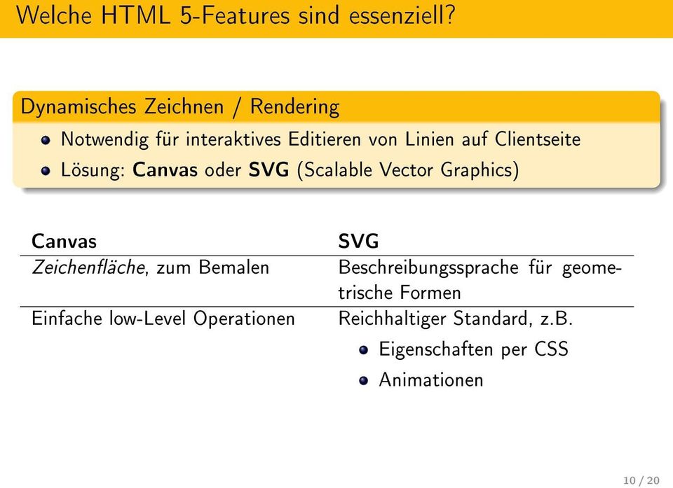 Clientseite Lösung: Canvas oder SVG (Scalable Vector Graphics) Canvas Zeichenäche, zum