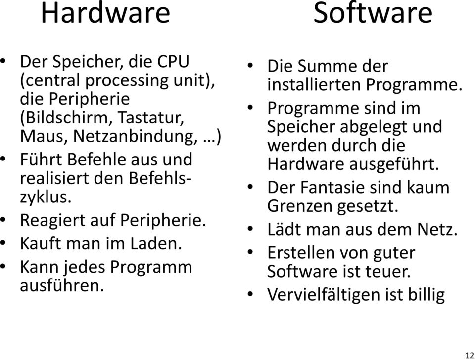 Software Die Summe der installierten Programme. Programme sind im Speicher abgelegt und werden durch die Hardware ausgeführt.