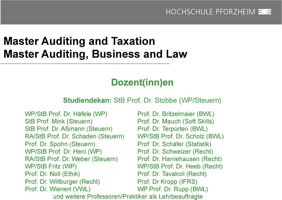 Dr. Schäfer (Statistik) WP/StB Prof. Dr. Heni (WP) Prof. Dr. Schweizer (Recht) RA/StB Prof. Dr. Weber (Steuern) Prof. Dr. Harriehausen (Recht) WP/StB Fritz (WP) WP/StB Prof. Dr. Heeb (Recht) Prof.