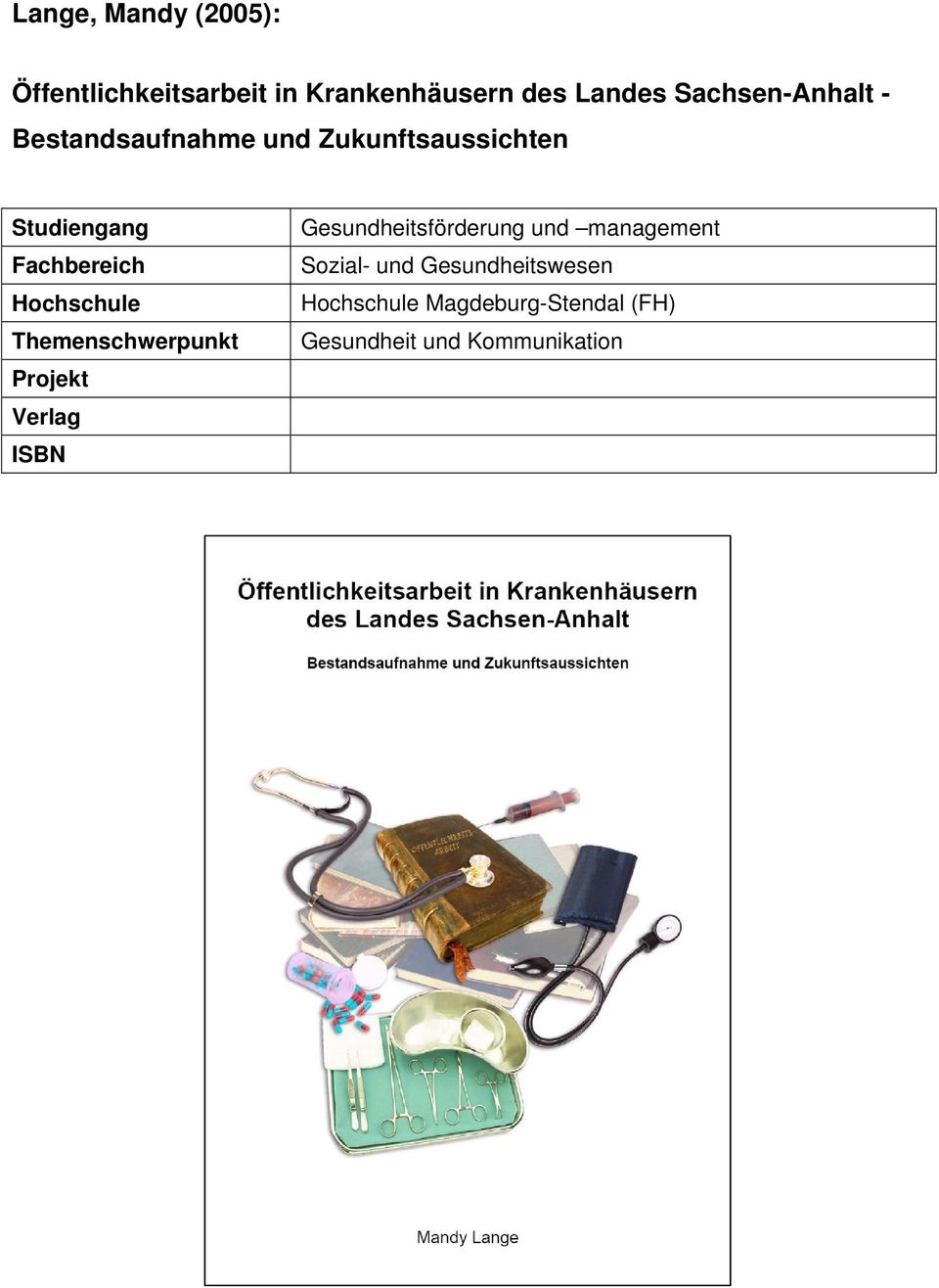 Hochschule Themenschwerpunkt Projekt Verlag ISBN Gesundheitsförderung und
