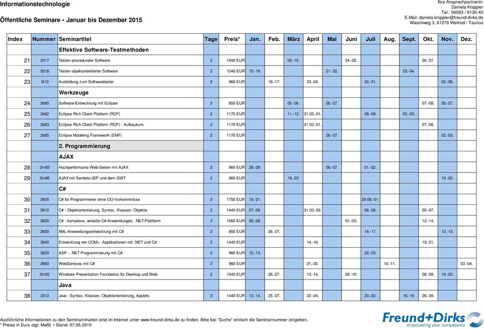 07.-08. 26.-27. 25 3b82 Eclipse Rich Client Platform (RCP) 2 1170 EUR 11.-12. 31.03.-01. 08.-09. 02.-03. 26 3b83 Eclipse Rich Client Platform (RCP) - Aufbaukurs 2 1170 EUR 31.03.-01. 07.-08. 27 3b85 Eclipse Modeling Framework (EMF) 2 1170 EUR 26.