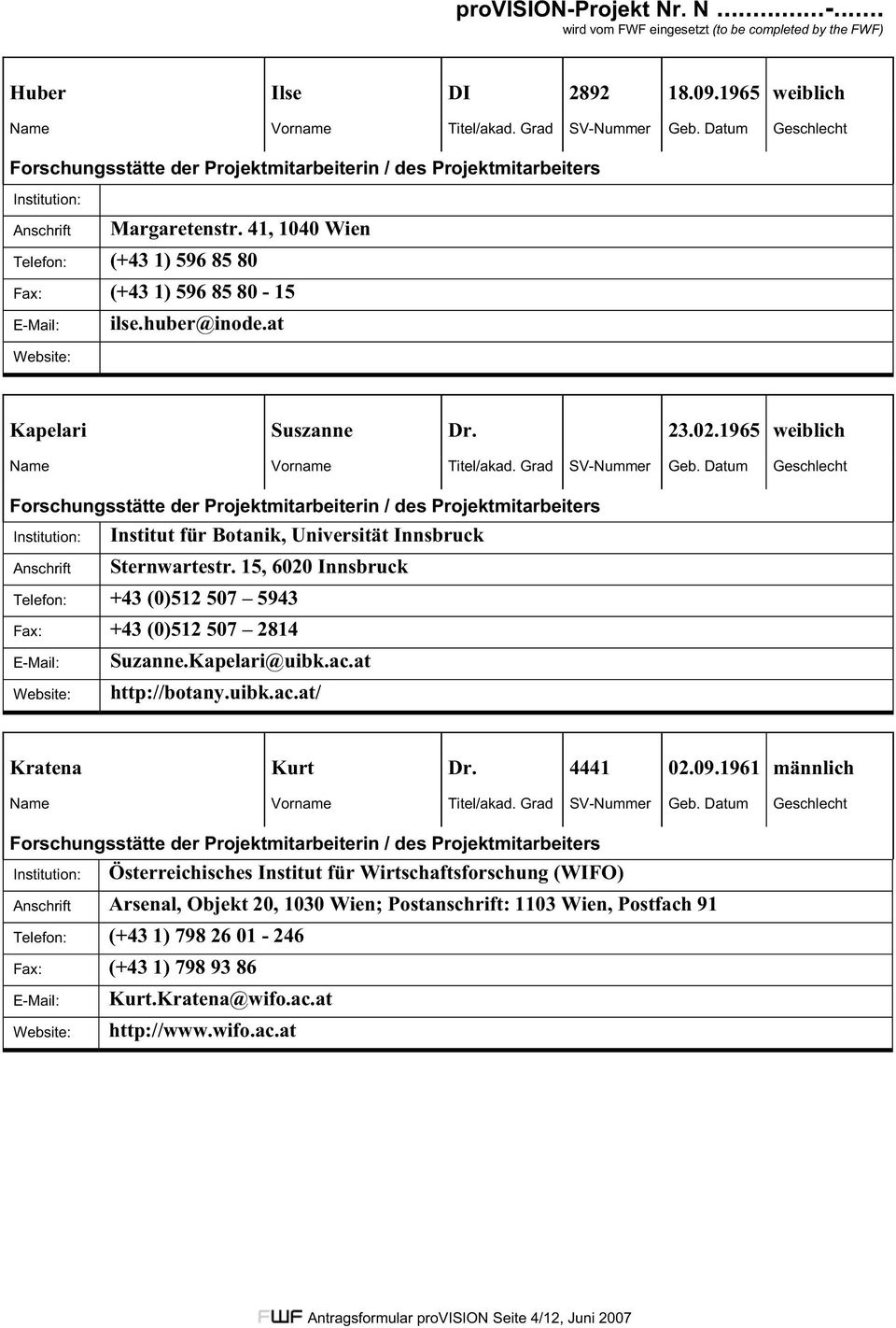 41, 1040 Wien Telefon: (+43 1) 596 85 80 Fax: (+43 1) 596 85 80-15 E-Mail: Website: ilse.huber@inode.at Kapelari Suszanne Dr. 23.02.1965 weiblich Name Vorname Titel/akad. Grad SV-Nummer Geb.