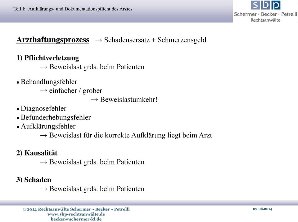 beim Patienten Behandlungsfehler einfacher / grober Beweislastumkehr!