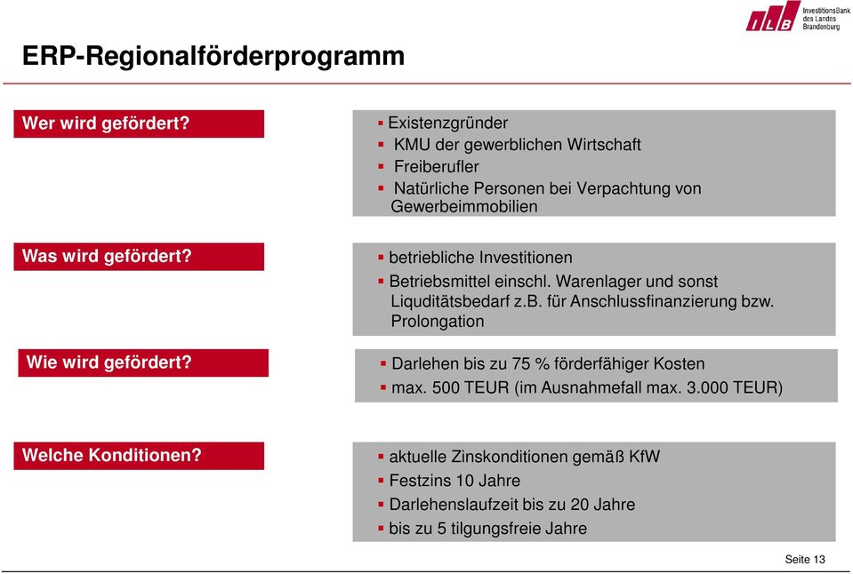 Prolongation Darlehen bis zu 75 % förderfähiger Kosten max. 500 TEUR (im Ausnahmefall max. 3.000 TEUR) Welche Konditionen?