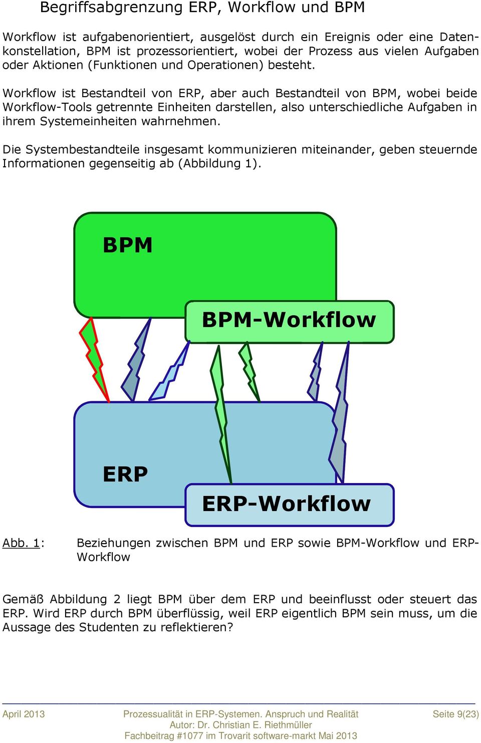 Workflow ist Bestandteil von ERP, aber auch Bestandteil von BPM, wobei beide Workflow-Tools getrennte Einheiten darstellen, also unterschiedliche Aufgaben in ihrem Systemeinheiten wahrnehmen.