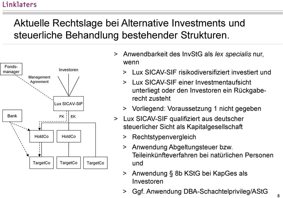 SICAV-SIF einer Investmentaufsicht unterliegt oder den Investoren ein Rückgaberecht zusteht Vorliegend: Voraussetzung 1 nicht gegeben Lux SICAV-SIF qualifiziert aus deutscher
