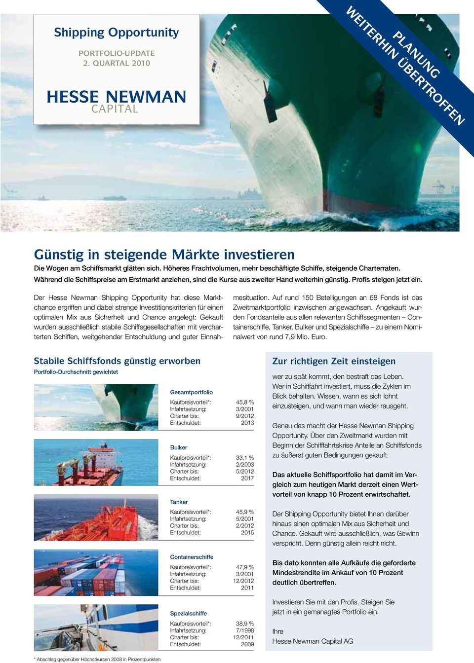 Der Hesse Newman Shipping Opportunity hat diese Marktchance ergriffen und dabei strenge Investitionskriterien für einen optimalen Mix aus Sicherheit und Chance angelegt: Gekauft wurden ausschließlich