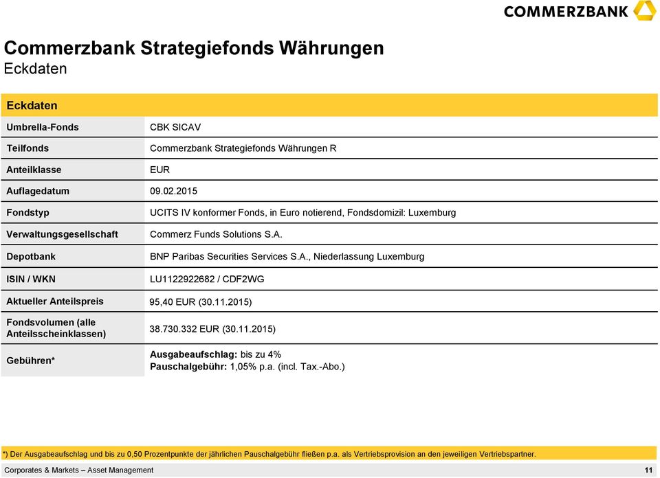 Fondsdomizil: Luxemburg Commerz Funds Solutions S.A. BNP Paribas Securities Services S.A., Niederlassung Luxemburg LU1122922682 / CDF2WG 95,40 EUR (30.11.2015) 38.730.332 EUR (30.11.2015) Ausgabeaufschlag: bis zu 4% Pauschalgebühr: 1,05% p.