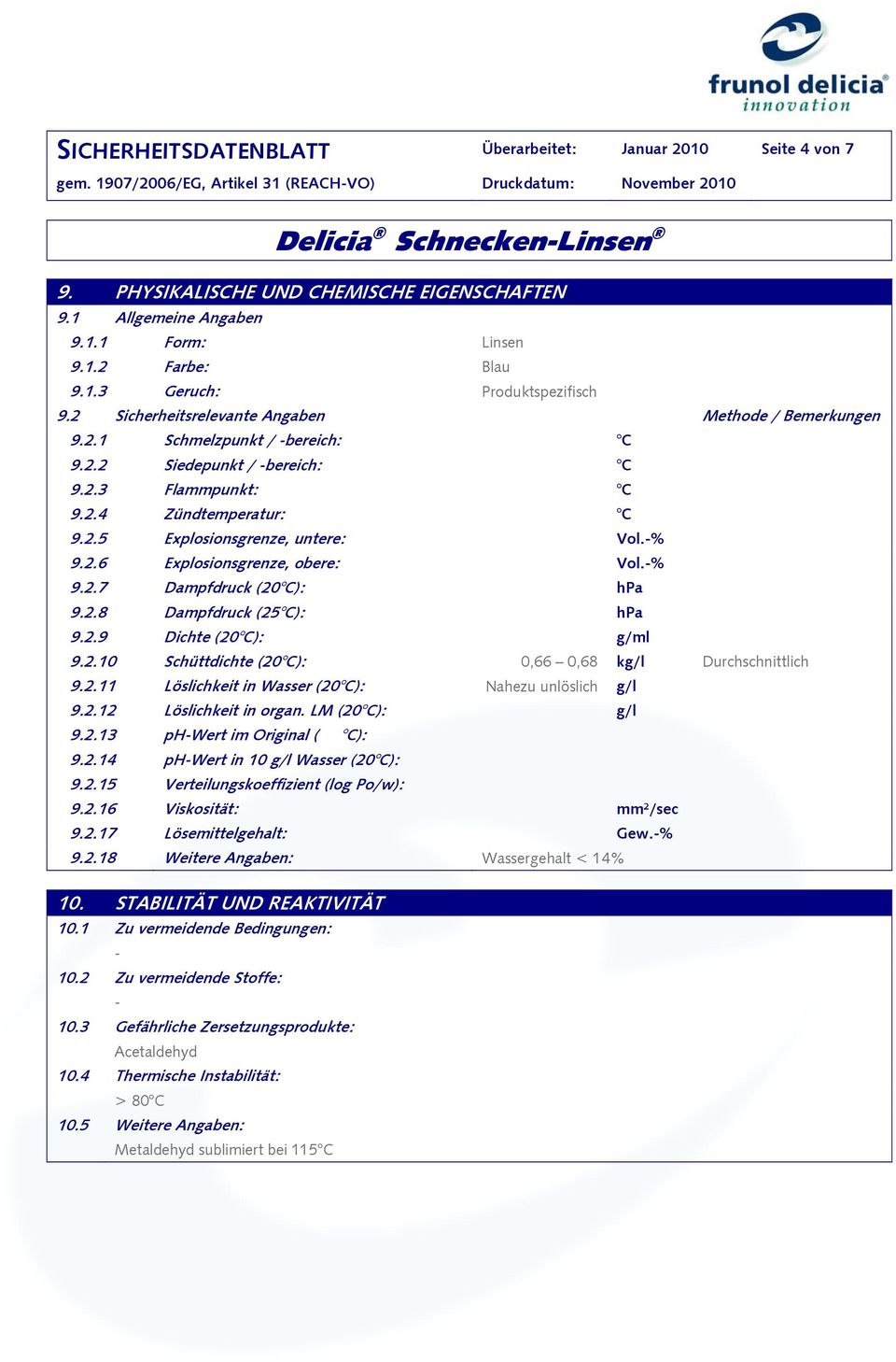 2.3 Flammpunkt: C 9.2.4 Zündtemperatur: C 9.2.5 Explosionsgrenze, untere: Vol.% 9.2.6 Explosionsgrenze, obere: Vol.% 9.2.7 Dampfdruck (20 C): hpa 9.2.8 Dampfdruck (25 C): hpa 9.2.9 Dichte (20 C): g/ml 9.