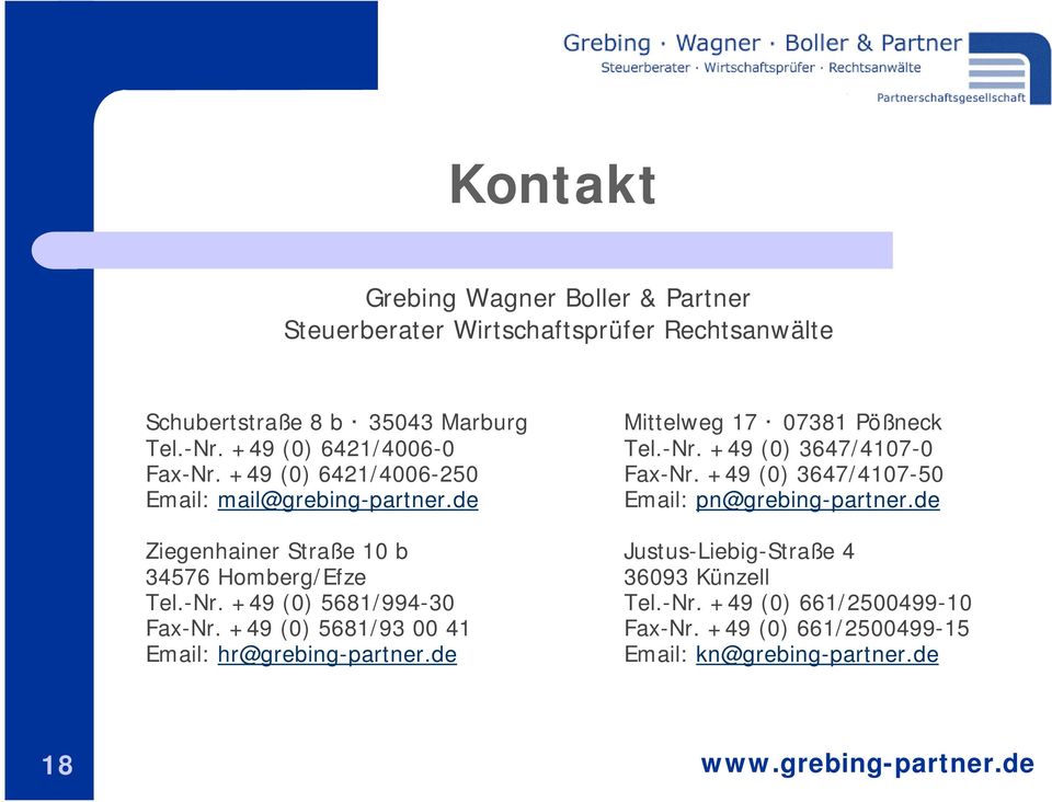 +49 (0) 5681/93 00 41 Email: hr@grebing-partner.de Mittelweg 17 07381 Pößneck Tel.-Nr. +49 (0) 3647/4107-0 Fax-Nr.
