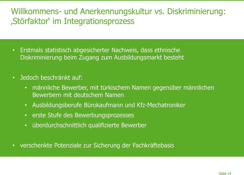 beim Zugang zum Ausbildungsmarkt besteht Jedoch beschränkt auf: männliche Bewerber, mit türkischem Namen gegenüber männlichen