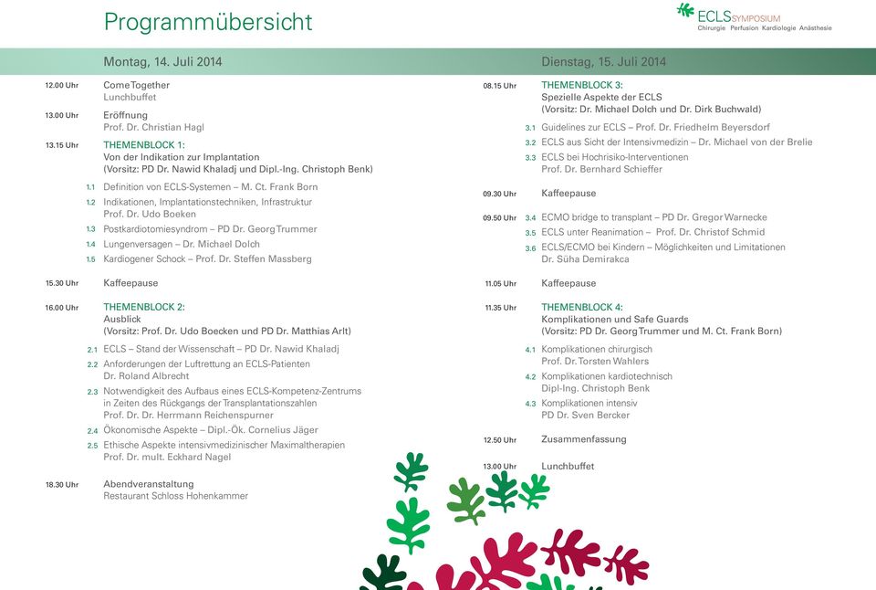 Michael Dolch und Dr. Dirk Buchwald) 3.1 Guidelines zur ECLS Prof. Dr. Friedhelm Beyersdorf 3.2 ECLS aus Sicht der Intensivmedizin Dr. Michael von der Brelie 3.