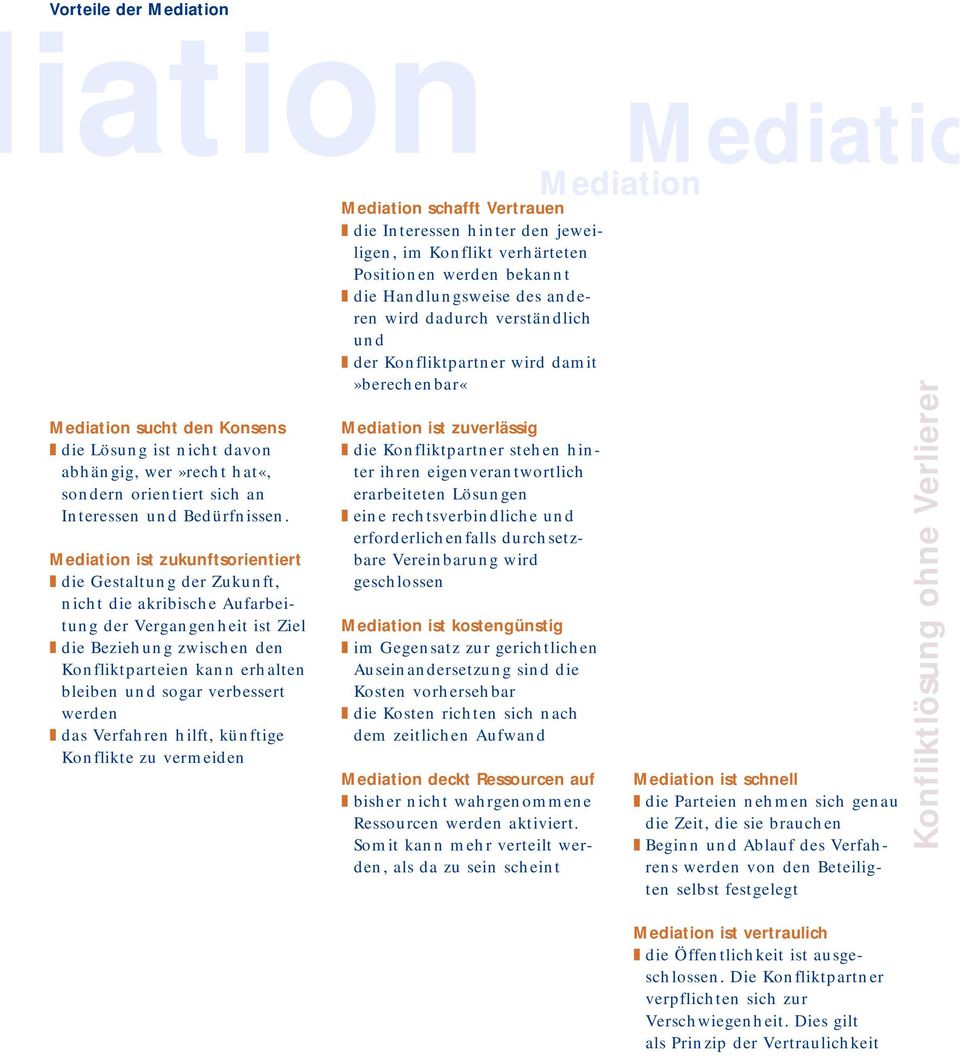 werden das Verfahren hilft, künftige Konflikte zu vermeiden schafft Vertrauen die Interessen hinter den jeweiligen, im Konflikt verhärteten Positionen werden bekannt die Handlungsweise des anderen