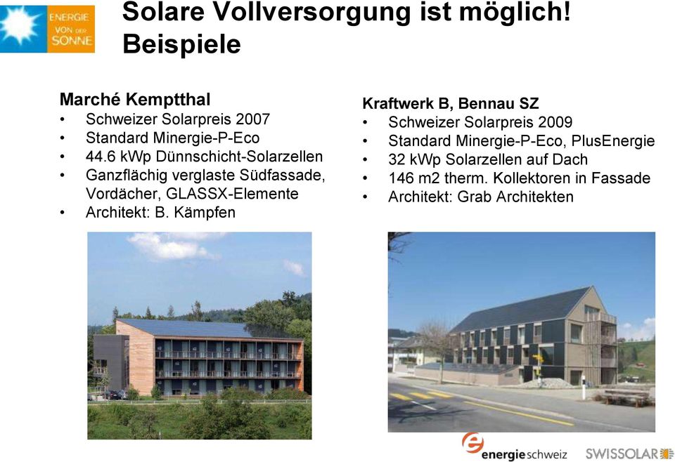 6 kwp Dünnschicht-Solarzellen Ganzflächig verglaste Südfassade, Vordächer, GLASSX-Elemente Architekt: