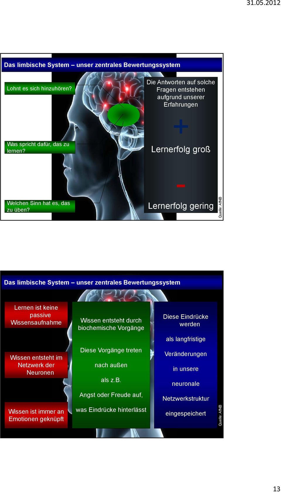 - Lernerfolg gering Quelle: AfNB Das limbische System unser zentrales Bewertungssystem Lernen ist keine passive Wissensaufnahme Wissen entsteht durch biochemische Vorgänge