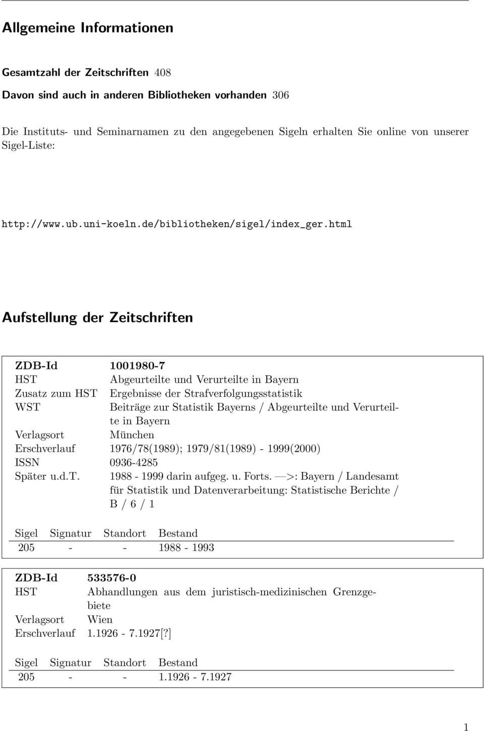 html Aufstellung der Zeitschriften ZDB-Id 1001980-7 HST Abgeurteilte und Verurteilte in Bayern Zusatz zum HST Ergebnisse der Strafverfolgungsstatistik WST Beiträge zur Statistik Bayerns /