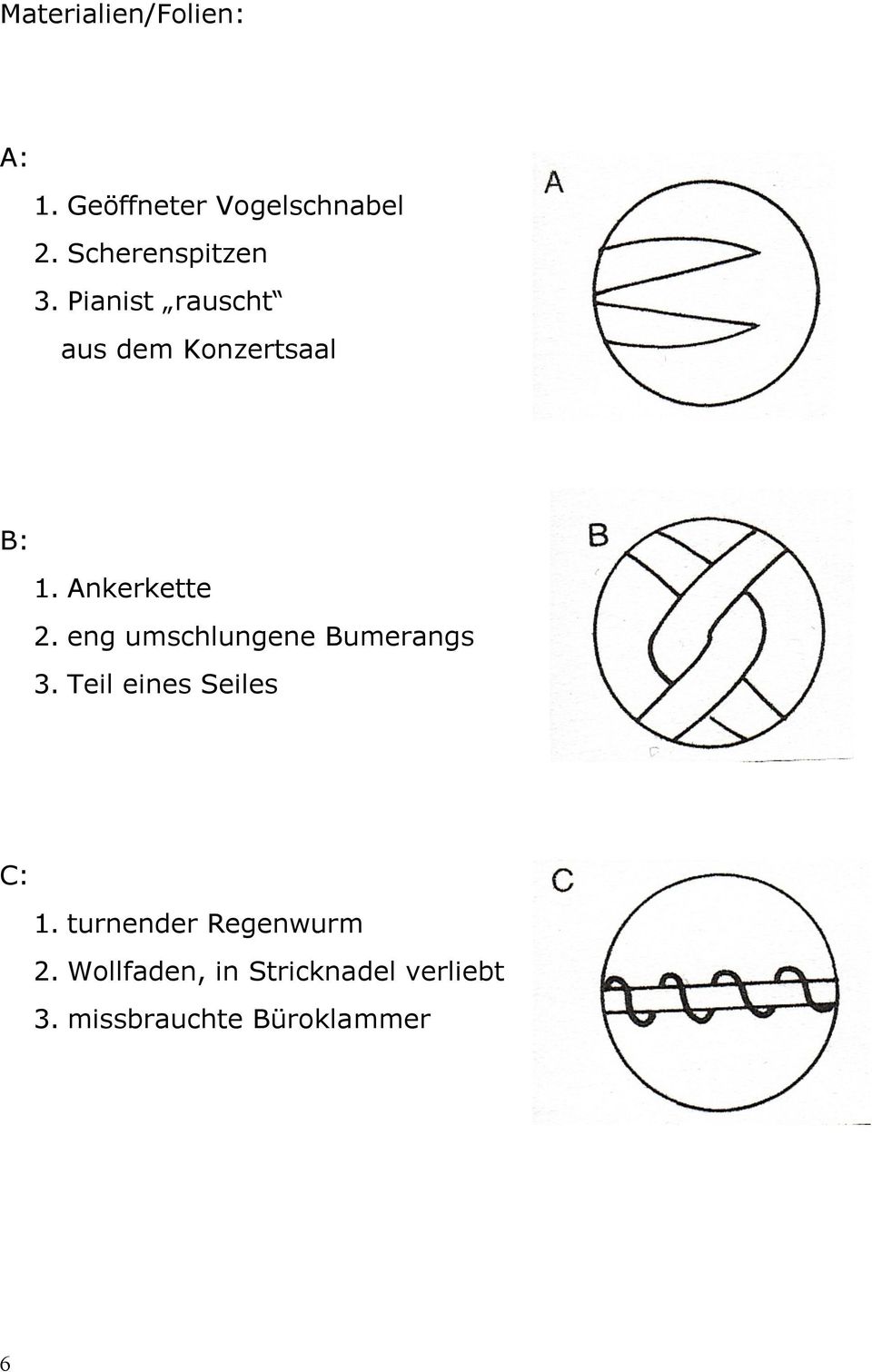 Ankerkette 2. eng umschlungene Bumerangs 3. Teil eines Seiles C: 1.