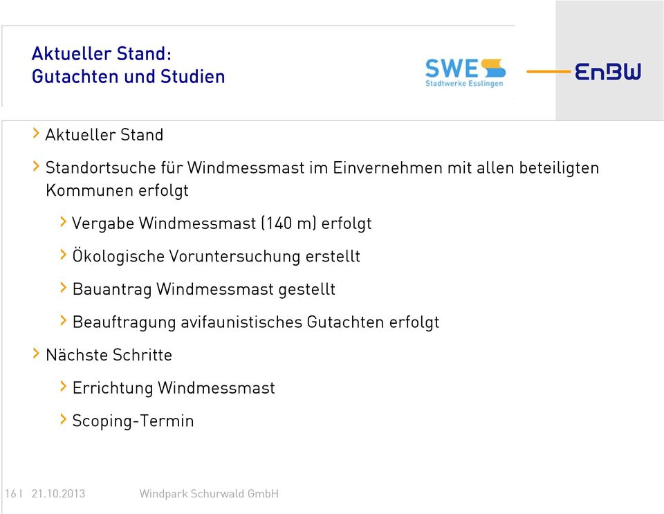 Ökologische Voruntersuchung erstellt Bauantrag Windmessmast gestellt Beauftragung