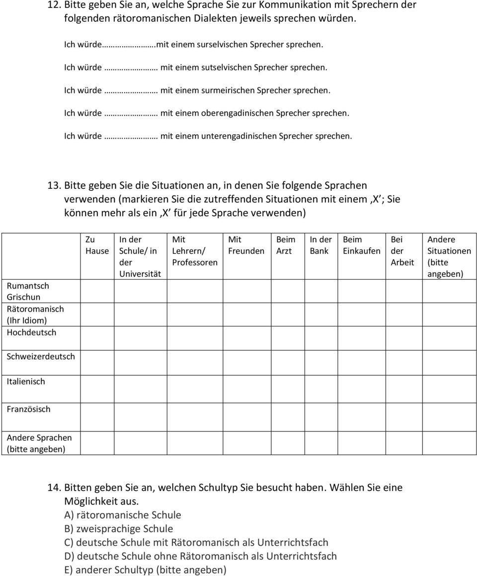 13. Bitte geben Sie die Situationen an, in denen Sie folgende Sprachen verwenden (markieren Sie die zutreffenden Situationen mit einem X ; Sie können mehr als ein X für jede Sprache verwenden)