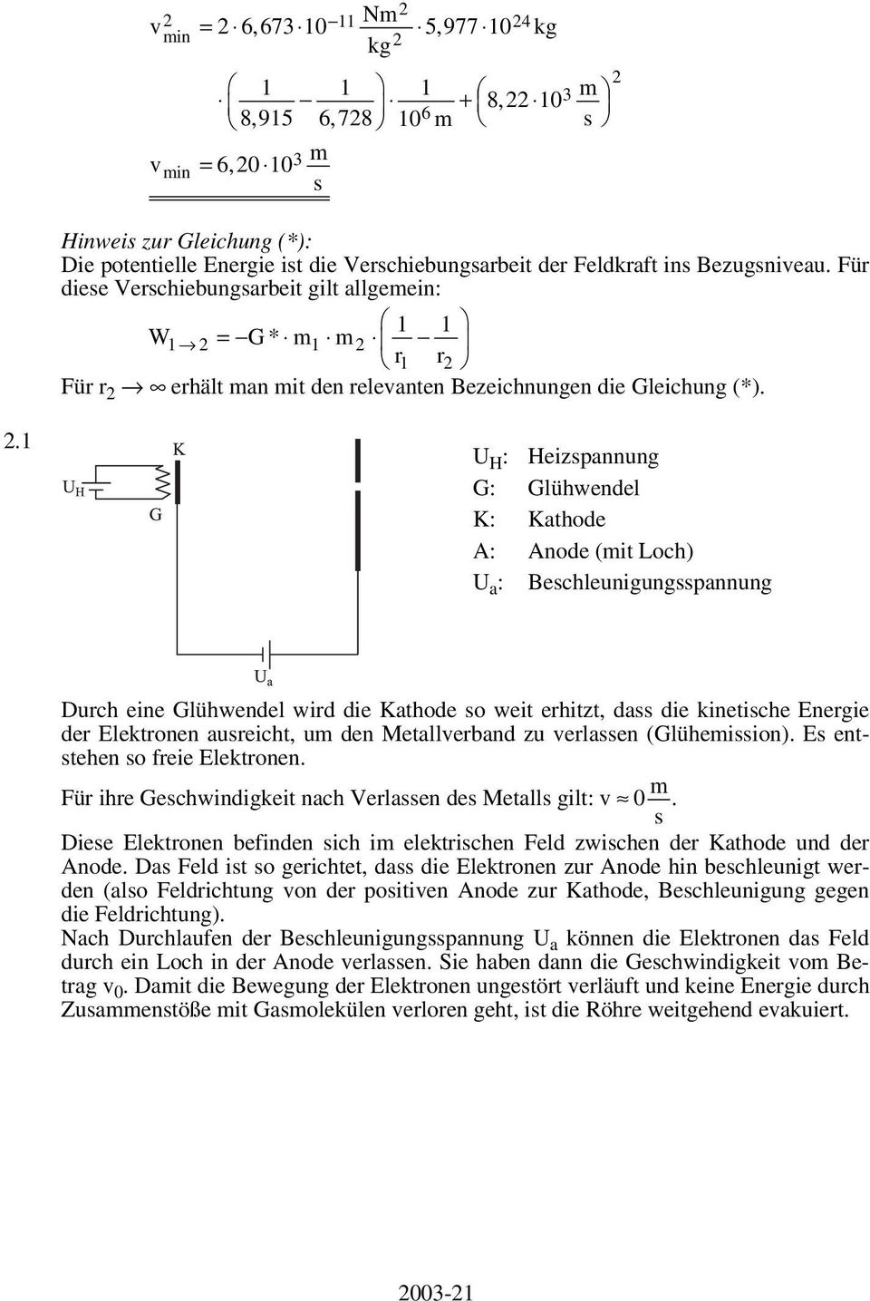 . U H : Heizpannung G: Glühwendel K: Kathode A: Anode (it Loch) U a : Bechleunigungpannung Durch eine Glühwendel wird die Kathode o weit erhitzt, da die kinetiche nergie der lektronen aureicht, u den