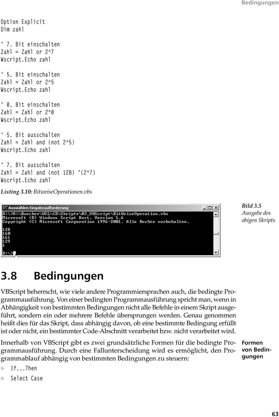 10: BitweiseOperationen.vbs Bild 3.5 Ausgabe des obigen Skripts 3.8 Bedingungen VBScript beherrscht, wie viele andere Programmiersprachen auch, die bedingte Programmausführung.