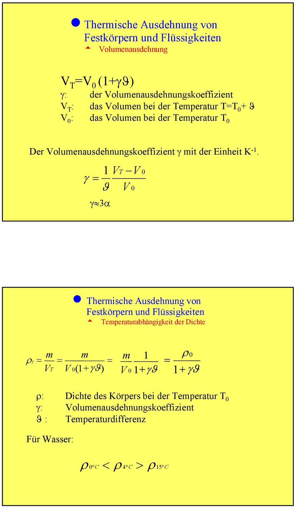 1 γ = ϑ γ 3α V V V n hermische Ausdehnung von Festkörpern und Flüssigkeiten t emperaturabhängigkeit der Dichte ρ = m V m = = V (1 + γϑ)